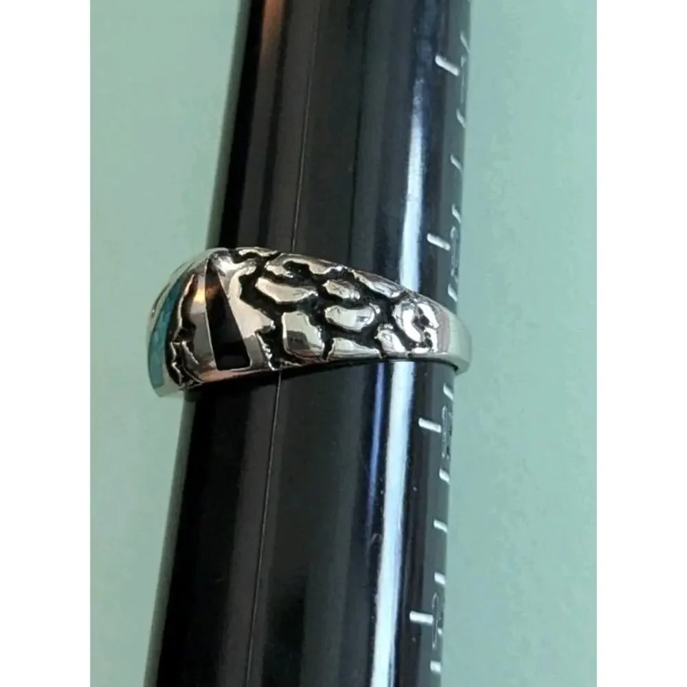 Vtg COP Silver Tone Inlay Ring Faux Turquoise Black Onyx Mens 12.5 Southwestern
